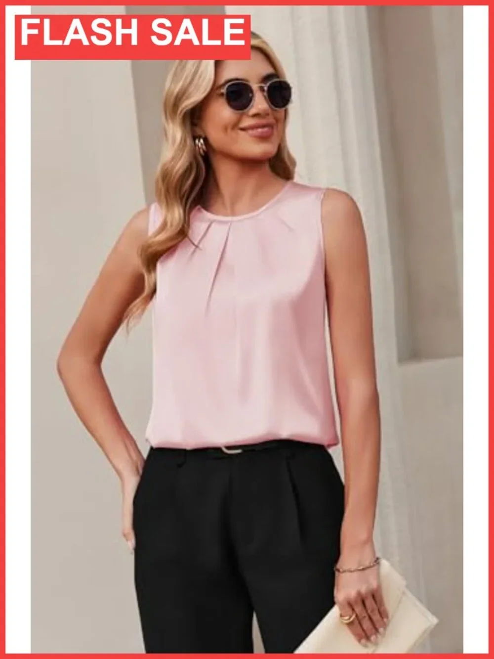 Silk Satin Tank Top Pleated Crew Neck Sleeveless Business Casual Blouse
